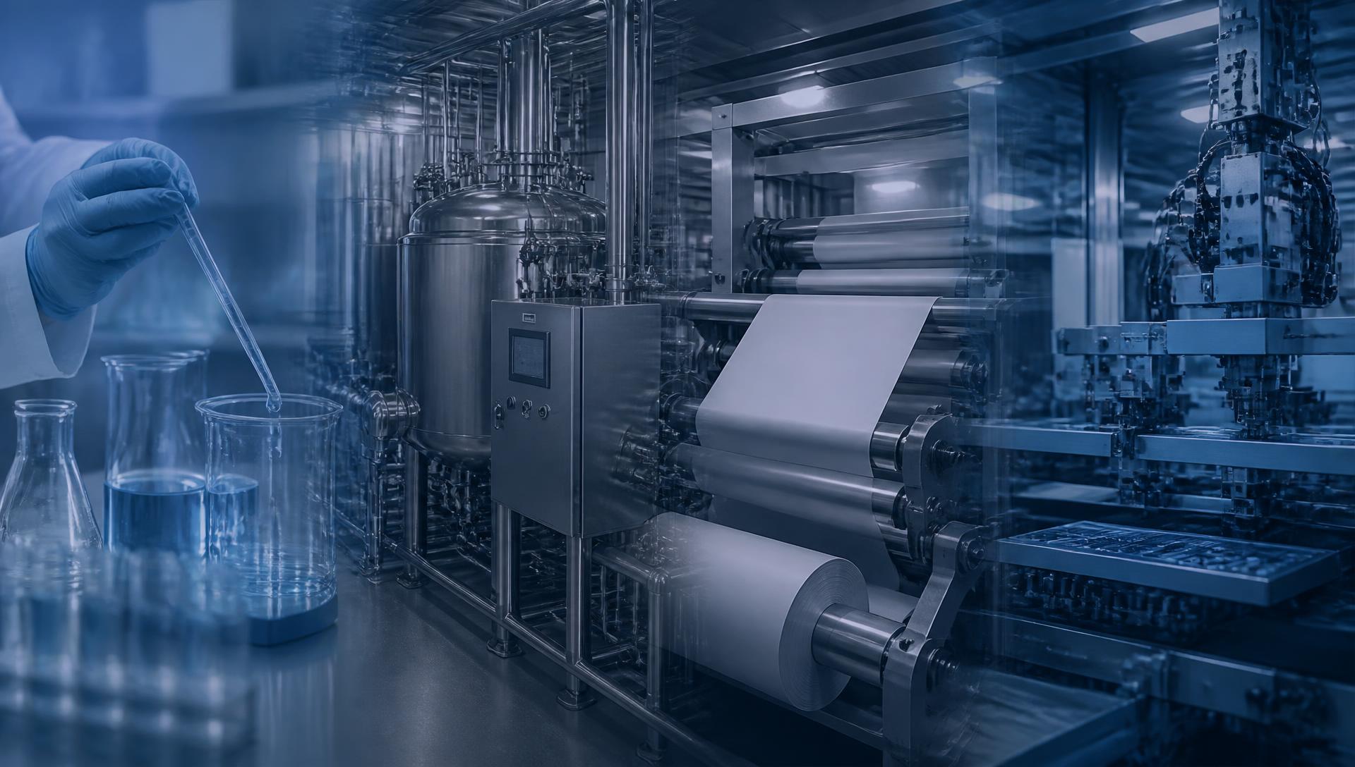 Composição industrial: laboratório químico, tanques de processo, linha industrial e equipamentos de produção